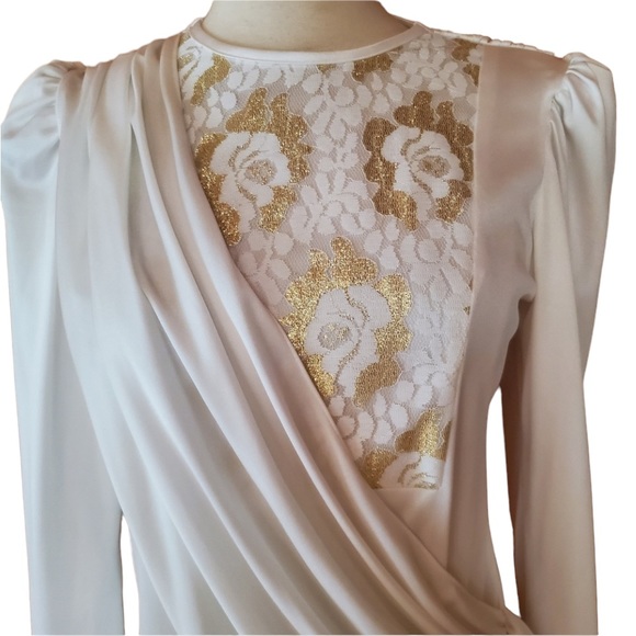 1970s Diamond's Run White &‎ Gold Metallic Lace Dre - Picture 2 of 6